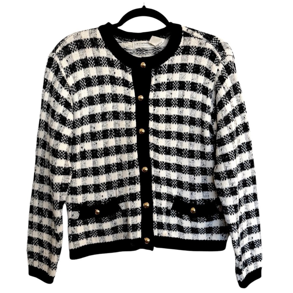 Vintage Liz Claiborne Knit Cotton Blend Plaid Gingham Button Cardigan